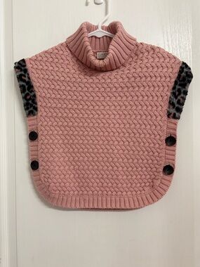 Aspen Kids Cable-Knit Pink Turtleneck Poncho Leopard Trim Buttons Boxy Fit